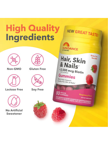 Hair, Skin, Nails bottle with icons indicating Non-GMO, Gluten Free, Lactose Free, Soy Free, No Artificial Sweetener.