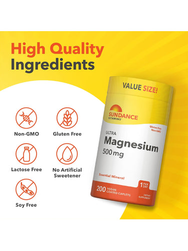 Magnesium bottle with icons indicating Non-GMO, Gluten Free, Lactose Free, No Artificial Sweetener, Soy Free.