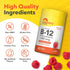 B-12 bottle with icons indicating Non-GMO, Gluten Free, Lactose Free, Soy Free, No Artificial Flavors, Preservative Free.