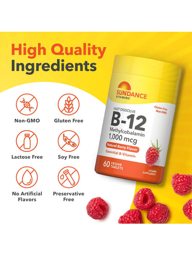 B-12 bottle with icons indicating Non-GMO, Gluten Free, Lactose Free, Soy Free, No Artificial Flavors, Preservative Free.