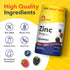Zinc Gummies bottle with icons indicating Non-GMO, Gluten Free, Lactose Free, Soy Free, No Artificial Sweetener.