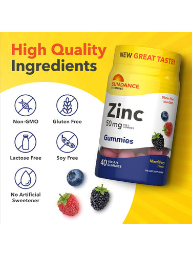 Zinc Gummies bottle with icons indicating Non-GMO, Gluten Free, Lactose Free, Soy Free, No Artificial Sweetener.