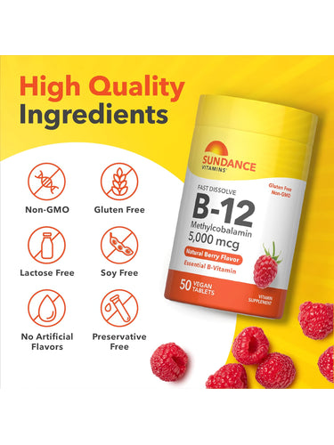 B-12 bottle: Non-GMO, Gluten Free, Lactose Free, Soy Free, No Artificial Flavors, Preservative Free.