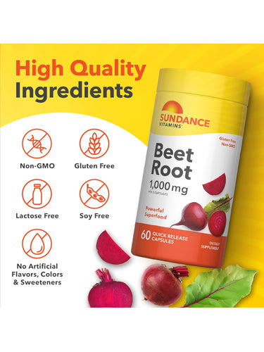 Beet Root bottle showing it is Non-GMO, Gluten Free, Lactose Free, Soy Free, with no artificial flavors, colors, or sweeteners.