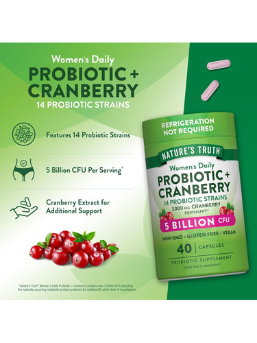 Nature's Truth Women's Daily Probiotic + Cranberry 40 Capsules, 5 Billion CFU, 14 Probiotic Strains, Non-GMO, Gluten Free, Vegan.