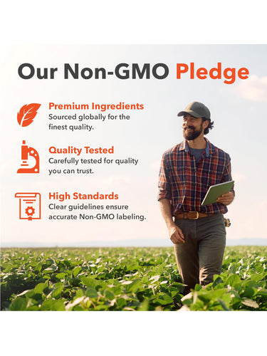 Infographic stating our Non-GMO Pledge, use of premium ingredients, quality testing, and high standards for Non-GMO labeling.