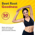 Beet Root Goodness 50 Gummies graphic featuring a smiling woman in a black sports bra stretching.