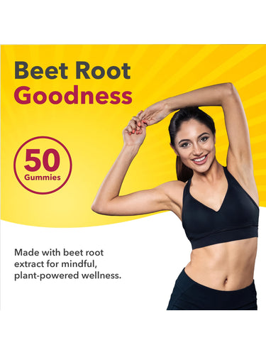 Beet Root Goodness 50 Gummies graphic featuring a smiling woman in a black sports bra stretching.
