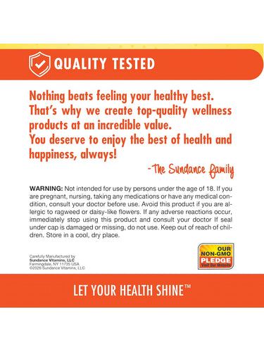 Infographic stating QUALITY TESTED, OUR NON-GMO PLEDGE, ensuring top-quality wellness products for health and happiness.