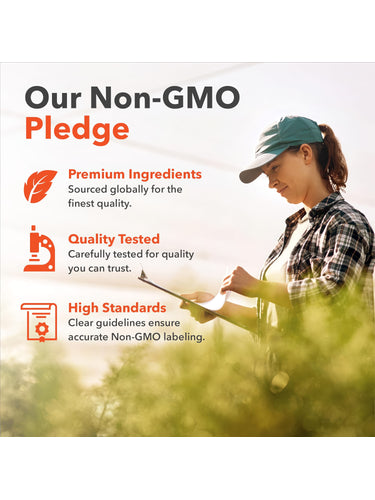 Infographic: Non-GMO Pledge: Premium Ingredients, globally sourced; Quality Tested; High Standards for accurate Non-GMO labeling.