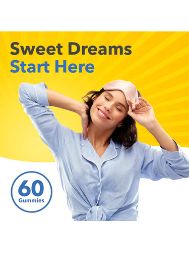 A graphic of SD Melatonin 10 mg with text 'Sweet Dreams Start Here' and label indicating '60 Gummies'.