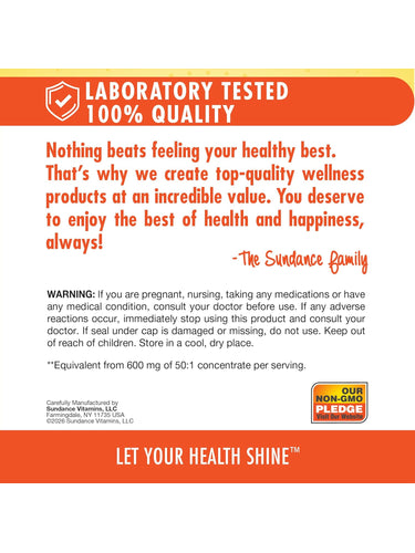 Infographic stating: LABORATORY TESTED 100% QUALITY, OUR NON-GMO PLEDGE. Create top-quality wellness products for health and happiness, always. Sundance family.