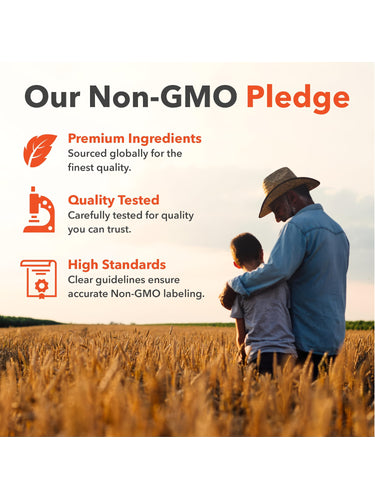Product highlights graphic stating Non-GMO Pledge: Premium global ingredients, Quality Tested, High Standards for accurate labeling.