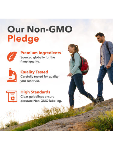Infographic stating Our Non-GMO Pledge: Premium Ingredients, Quality Tested, and High Standards for accurate Non-GMO labeling.