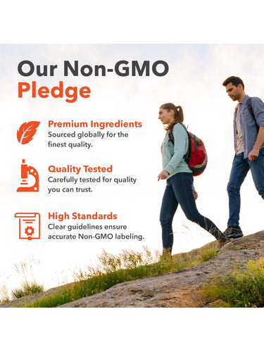Infographic states: Our Non-GMO Pledge with premium ingredients, quality tested for accurate labeling and high standards.