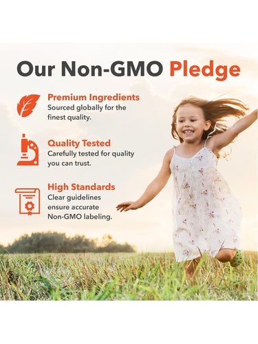 Infographic states Our Non-GMO Pledge: Premium Ingredients, Quality Tested, High Standards for accurate Non-GMO labeling.