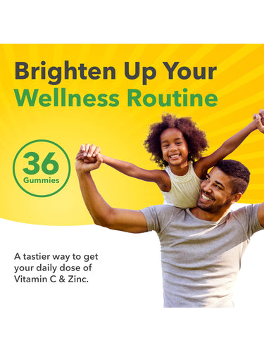 Man with young girl on his shoulders, both smiling, next to graphic showing 36 Gummies with Vitamin C and Zinc.