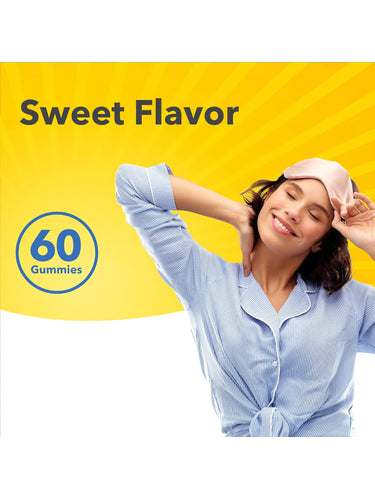 SD Melatonin 5 mg 60 Gummies with 'Sweet Flavor' text, featuring a smiling woman wearing a sleep mask and stretching.
