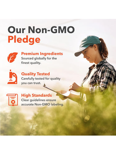 Infographic titled 'Our Non-GMO Pledge': Premium Ingredients, Quality Tested, and High Standards for accurate Non-GMO labeling.