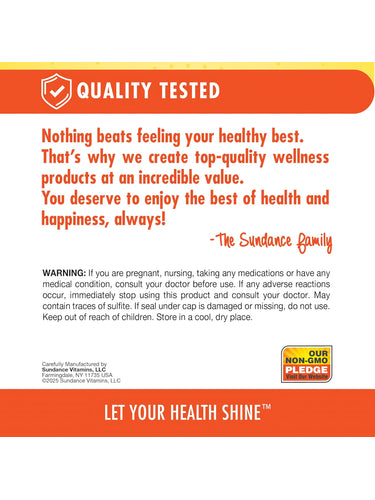 Infographic stating QUALITY TESTED, creating top-quality wellness products for health and happiness, Our Non-GMO Pledge, Let Your Health Shine.