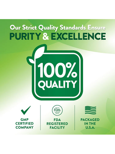 Infographic highlighting purity and excellence: 100% quality, GMP certified, FDA registered, packaged in the U.S.A.