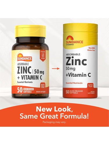 Sundance Vitamins Zinc 50 mg and Vitamin C, 50 Quick Release Softgels. New Look, Same Great Formula!