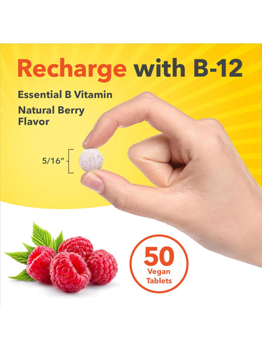 B-12 5,000 mcg Methyl Fast Dis Tabs: vegan berry-flavored tablet, 5/16', held with '50 Vegan Tablets' text visible.