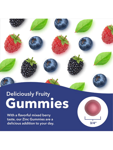 Reddish-pink Zinc gummy, 3/4 inch in diameter, described as fruity with a mixed berry taste, on a hand for scale.