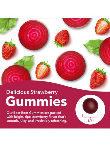 SD Beet Root 50 Gummies, strawberry flavored. Pictured with beet slices, whole and cut strawberries, and a single 3/4' gummy.