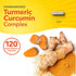 Standardized Turmeric Curcumin Complex with 120 quick release capsules. Shows a 3/4 inch capsule, turmeric root, and powder.