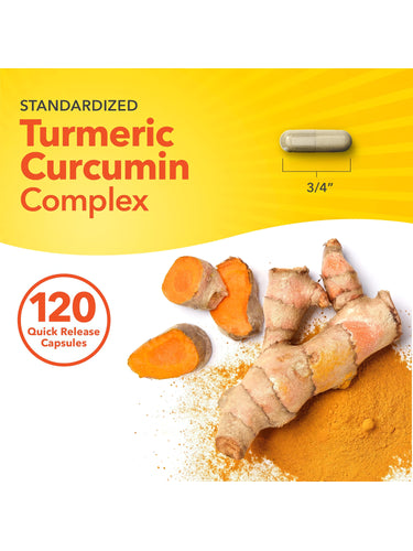 Standardized Turmeric Curcumin Complex with 120 quick release capsules. Shows a 3/4 inch capsule, turmeric root, and powder.