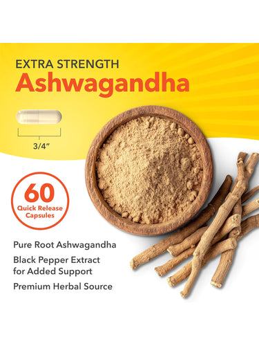 Extra Strength Ashwagandha, 60 quick-release capsules with pure root and black pepper extract for enhanced absorption.