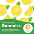 SD C + Zinc 36 Gummies: Lemon gummies with sliced lemons, leaves, and a three-quarter-inch yellow gummy displayed.