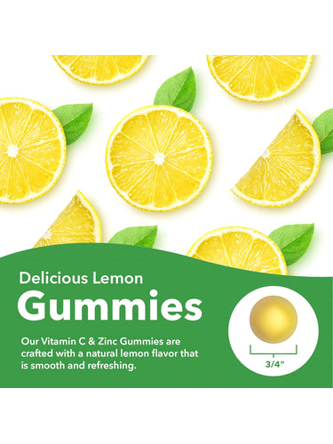 SD C + Zinc 36 Gummies: Lemon gummies with sliced lemons, leaves, and a three-quarter-inch yellow gummy displayed.