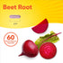 Beet Root 1000mg 60 Quick Release Capsules shown with a 3/4 inch capsule, whole and sliced beet root, and a beet leaf.