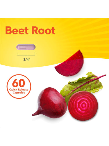 Beet Root 1000mg 60 Quick Release Capsules shown with a 3/4 inch capsule, whole and sliced beet root, and a beet leaf.