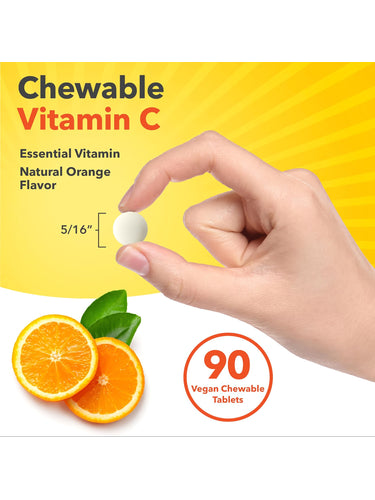 Vegan Chewable Vitamin C, Natural Orange Flavor. Contains 90 tablets, each measuring 5/16 inches.
