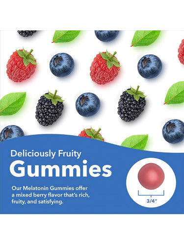 SD Melatonin 5 mg 60 Gummies, 'Deliciously Fruity' mixed berry flavor. A single '3/4 inch' red gummy is shown.