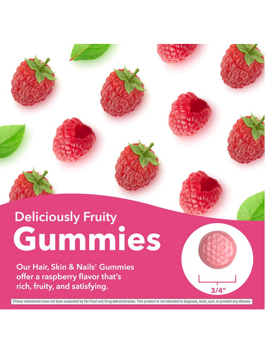 Deliciously Fruity Hair, Skin & Nails Gummies. Raspberry flavored gummy, 3/4 inch diameter, on a background of fresh raspberries.