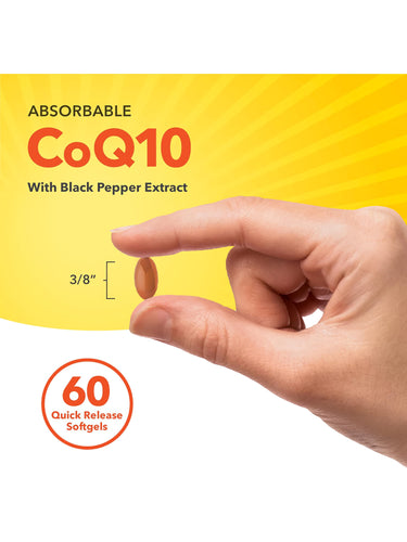 Absorbable CoQ10 quick release softgel, 3/8 inches, in hand. Graphic shows 60 softgels.