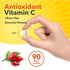 Antioxidant Vitamin C +Rose Hips 90 Vegan Tablets. Essential Vitamin. White 3/8-inch tablet held in a hand.