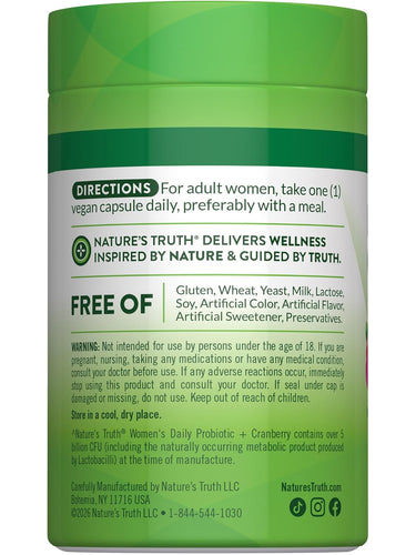 Nature's Truth Women's Daily Probiotic plus Cranberry vegan capsules in a product bottle image.