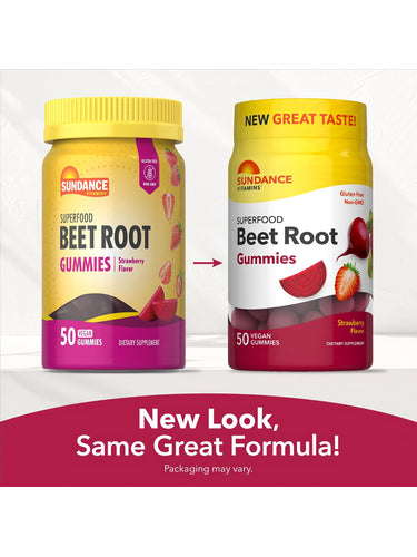 Sundance Vitamins Superfood Beet Root Gummies, 50 Vegan Gummies, Strawberry Flavor. New and old packaging side-by-side.