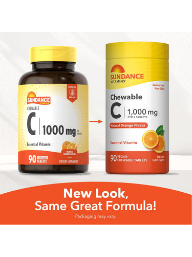 Sundance Vitamins Chewable C 1000 mg, Natural Orange Flavor, 90 tablets, showing both old and new packaging.