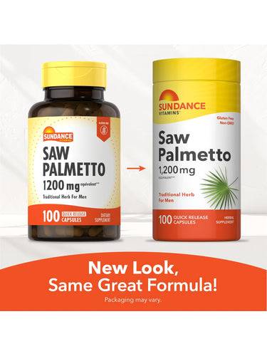 Sundance Vitamins Saw Palmetto 1200 mg, 100 Quick Release Capsules, displaying both old and new packaging designs.
