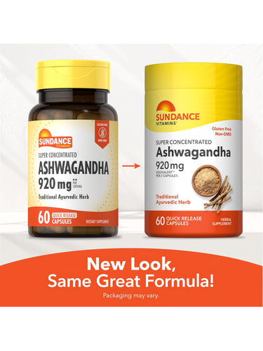 Old and new packaging for Ashwagandha 920 mg 60 Quick Release Capsules, stating 'New Look, Same Great Formula!'