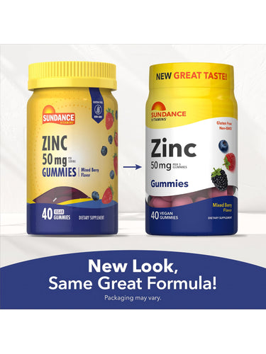 Sundance Vitamins Zinc 50 mg Mixed Berry Gummies in old and new packaging; both contain 40 Vegan Gummies, Gluten Free, Non-GMO.