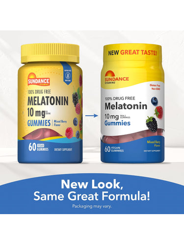 Sundance Vitamins Melatonin 10 mg 60 Gummies. Before & after packaging update. 'New Look, Same Great Formula! New Great Taste!'