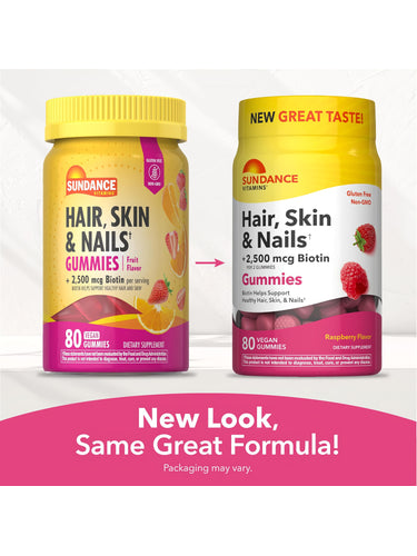 Hair, Skin & Nails 80 Gummies with raspberry flavor. Gluten Free, Non-GMO, 2500 mcg Biotin. New great taste, old fruit flavor.