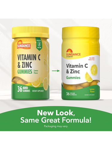 Sundance Vitamins Vitamin C & Zinc Gummies, 36 vegan lemon flavor, shown with old and new packaging.